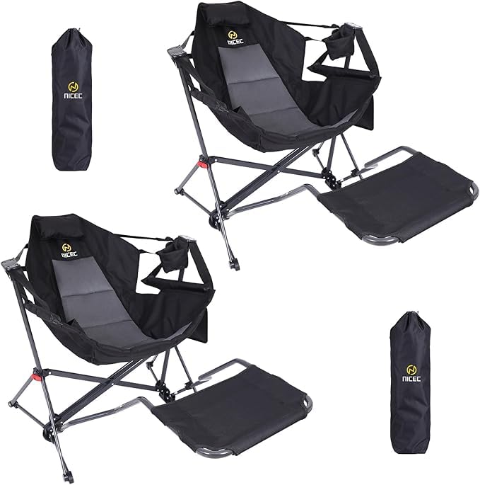 Nice C Hammock Camping Chair, Camping Chair Rocker, Swinging Chair, High Back with Stand, Cup Holder, Side Pocket, Heavy Duty (2, Black w/footrest)