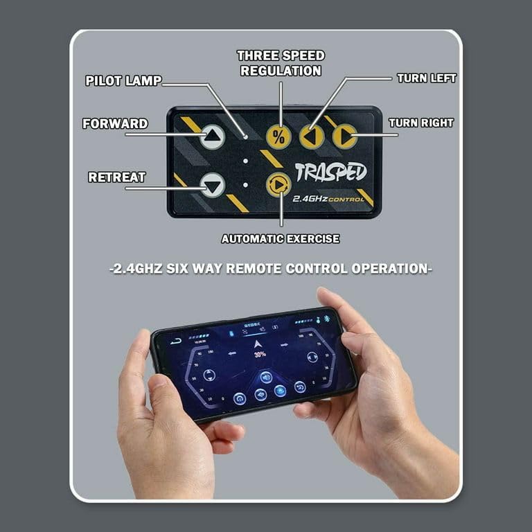 Smartphone screen showing the TRASPED 2.4GHz control app interface with buttons for forward, retreat, turn left, turn right, pilot lamp, three speed regulation, and automatic exercise