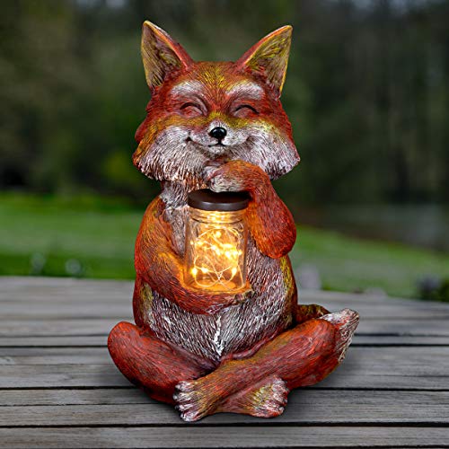 Exhart Solar Fox Garden Statue with LED Firefly Lights Glass Jar â€“ Fox Statue Holding a Mason Jar w/Firefly String Lights â€“ Fox Decor for Garden, Yard, & Patio, 7
