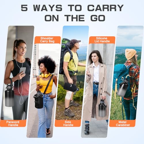 Image of GAZLEMHO Insulated Water Bottle 64 oz, Half Gallon Water Jug Cold 48H, BPA Free Stainless Steel Bottles with Straw /Chug 2-in-1 Lid, Bag, Paracord Handle, Silicone Boot, Sports Gym School Metal Flask