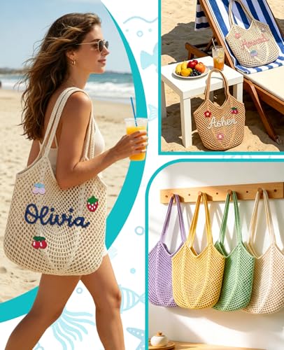 Bolso de playa tejido a ganchillo personalizado para mujer, bolso tote grande y ligero con bordado artesanal, ideal como regalo para fiesta de despedida de soltera, vacaciones de verano miniatura 2