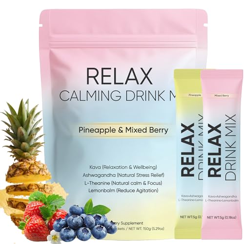 Relax Calming Drink Mix with L-Theanine Ashwagandha & Kava Sugar-Free Powder Packets for Evening Unwind & Daily Relaxation Routine Non-GMO Gluten-Free Pineapple & Mixed Berry 30 Packets (1)