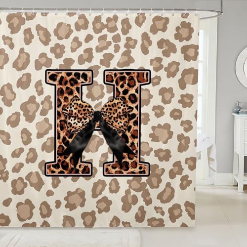Homewish Gepard Dekor Shower Curtains Schleife Anfangsbuchstabe H Buchstabe Duschvorhang 180x180 Leopardenmuster Schleife Badezimmer Vorhang Modern Trendy Kokette Duschvorhang Wasserdicht