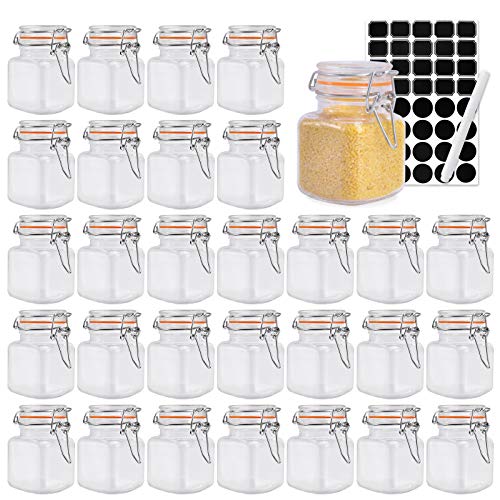 4 oz Clear Glass Jars With Airtight Lids and Leak Proof Rubber Gasket,Wide Mouth Storage Containers, Mason Jars With Hinged Lids For Kitchen Canisters, Set of 30. Include 1 Pen and 40 Chalk Labels.