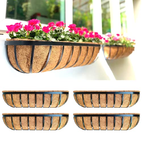 Maxona Fence Planters For Outdoor Plants - 4 Pack, 30 Inch Large Window Flower Box, Metal Rail Basket With Coco Liner, Wall Mounted Railings Hanging Balcony Garden Deck Porch Patio Pot Attach To House #TOP4