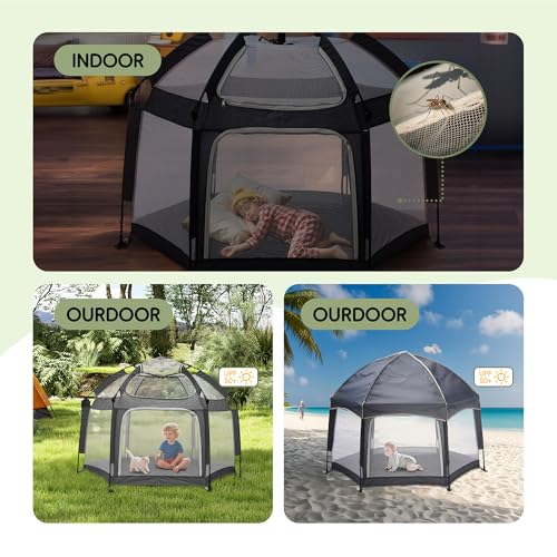 Image of Portable Baby Playpen with UPF50+ Canopy | 1-Second Setup | Foldable & Travel-Friendly Baby Play Yard | Ideal for Indoor /Outdoor Use(Gray)