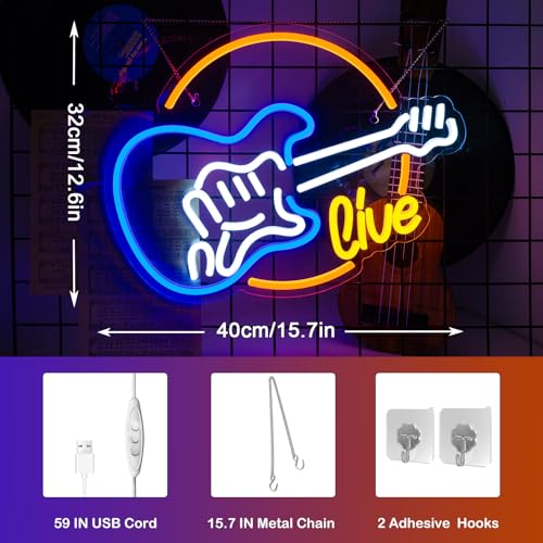 Image of Wanxing Live Music Neon Signs Guitar Shape LED Signs Game Art LED Neon Signs for Wall Decor Studio Neon Light Signs USB Powered Switch Lights Up Sign for Party Lover Girl Boy(Colorful Guitar Live)