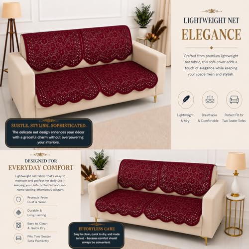 Image of Homerz Premium 'Surya Series' Sofa Cover | Stylish Sofa Protector | Net Fabric | Anti-Stain & Washable Slip Cover Exact Size Antislip (Flower Valley Maroon, 2 Seater, Seat Cover with Backrest)