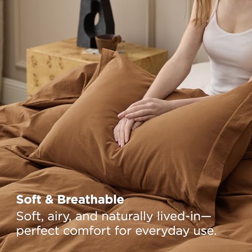Image of Bedsure 100% Washed Cotton Duvet Cover Queen Size - Hazelnut Brown Minimalist Bedding Set Linen Like - PureWoven Plain Simple & Soft Comforter Cover for All Seasons (Hazelnut Brown, Queen, 90 inchx90 inch)