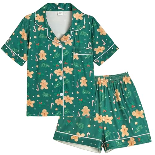 Vopmocld Girls 2PCS Pajama Sets Button Down Short Sleeve with Shorts Sleepwear Summer Cute Lounge Outfit Sets for Teens Stretchy Jammies Xmas Gingerbread 8