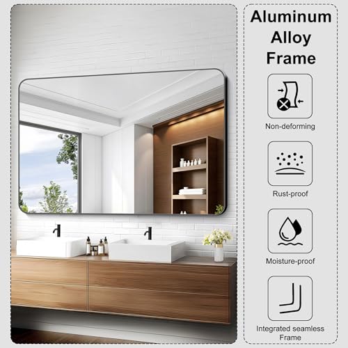 Image of KOCUUY 55x36 Black Bathroom Mirror, Large Matte Black Vanity Mirror, Tempered Glass Mirror for Bathroom Wall, Black Rounded Rectangle Mirror Modern Decor for Bedroom, Living Room, Farmhouse, Entryway