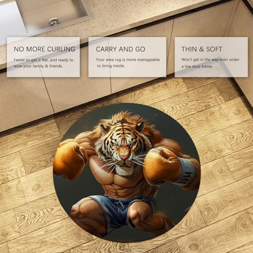 Tapis rond dessin animé tigre de boxe doux lavable 140cm