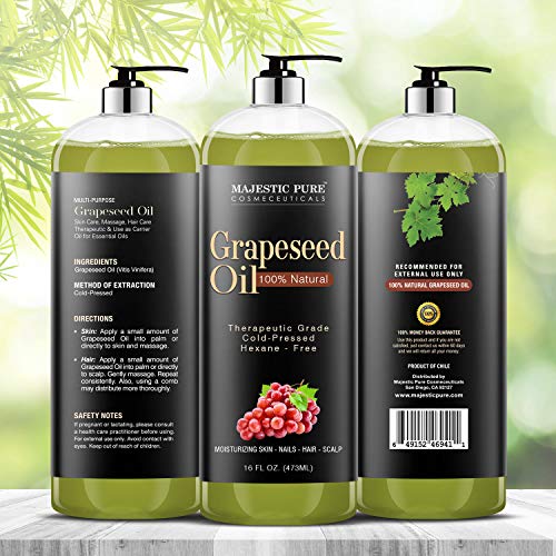 Majestic Pure Grapeseed Oil, Pure & Natural Massage And Carrier Oil, Skin Care For Sensitive Skin, Light Silky Moisturizer For All Skin Types - 16 Fl. Oz. #TOP4