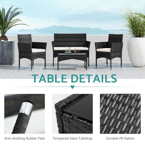 Image of Patio Furniture Set, 4 Piece Sectional Conversation Sofa, Outdoor Wicker Rattan Table and Chairs with Thick Cushion for Garden, Yard, or Porch