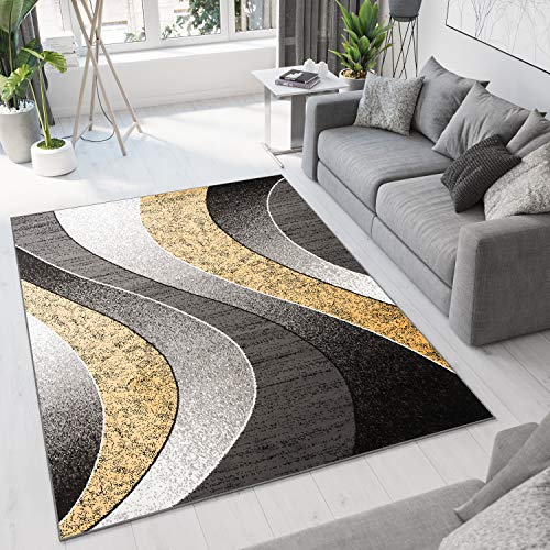 TAPISO Dream Tapis de Salon Chambre Salle à Manger Adulte Bureau Design Moderne Jaune Gris Noir Abstrait Motif Ondes Vagues Poil Court Fin Doux Léger...