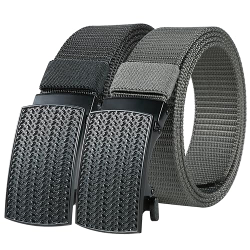 2 Pack Mens Ratchet Belt, Casual Tactical Golf Nylon Web Belt with Automatic Slide Buckle