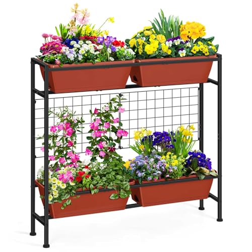 Image of OYEAL Raised Garden Beds with Legs & Trellis, 32 inch Tall Herb Garden Planters for Indoor /Outdoor Plants, Vertical Elevated Flower Box for Backyard, Porch, Patio, Balcony, Red