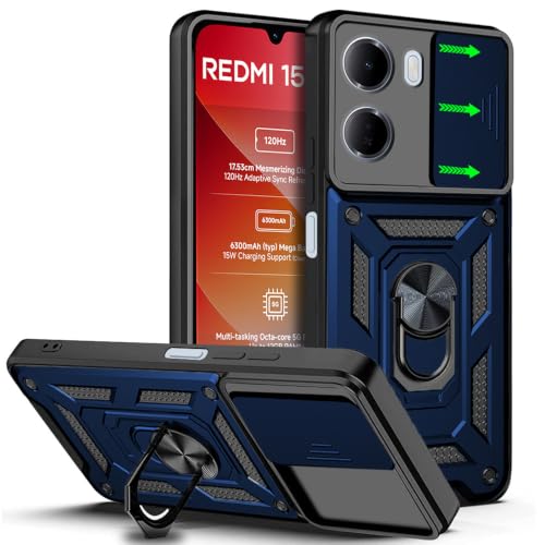 Image of AESTMO Tough Armor Redmi 15A 5G Bumper Back Case Cover | Ring Holder & Sliding Camera Shield Cover | 360 Degree Protection Back Case Cover for Redmi 15A 5G (Blue)