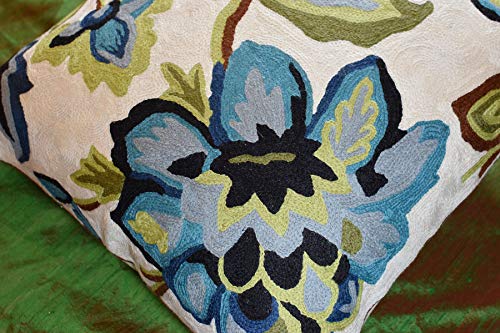 Kashmir Designs Modern Cream Floral Pillow Cover | Flower Hand Embroidered Pillow | Floral Outdoor Pillow | Suzani Accent Pillow | Flower Throw Pillow | Modern Floral Chair Cushion | Wool Size - 18X18 #TOP7