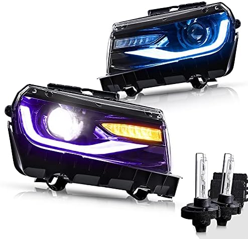 VLAND Multicolor DRL Projector LED Headlights & D2H Xenon Bulbs Compatible for [Chevy Camaro 5th Gen 2014 2015] with Sequential Turn Signal, Dual Beam Lens (Driver & Passenger Sides) (RGB+BULBS)