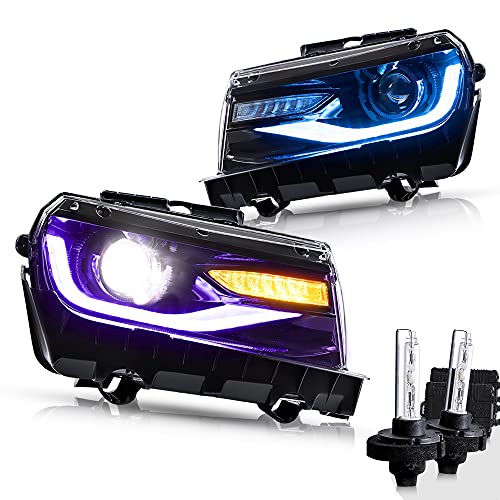 VLAND Multicolor DRL Projector LED Headlights & D2H Xenon Bulbs Compatible for [Chevy Camaro 5th Gen 2014 2015] with Sequential Turn Signal, Dual Beam Lens (Driver & Passenger Sides) (RGB+BULBS))