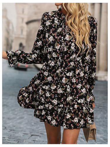 Image of Floerns Women's Leopard Print Tie Neck Party Dress Layered Long Sleeve A Line Dresses