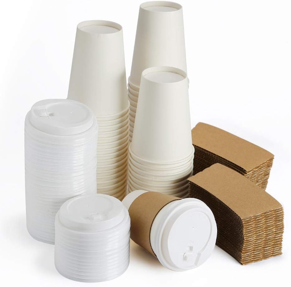 Hot Paper Coffee Cups with Lids and Sleeves,12 Ounce,50 Count,White