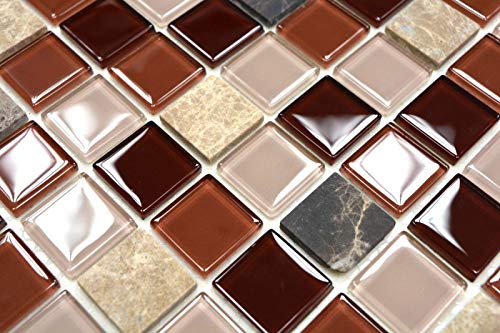 Piastrelle a mosaico autoadesive, traslucide, in pietra beige, marrone, mosaico di vetro, cristallo beige, marrone, MOS200-4M352_f