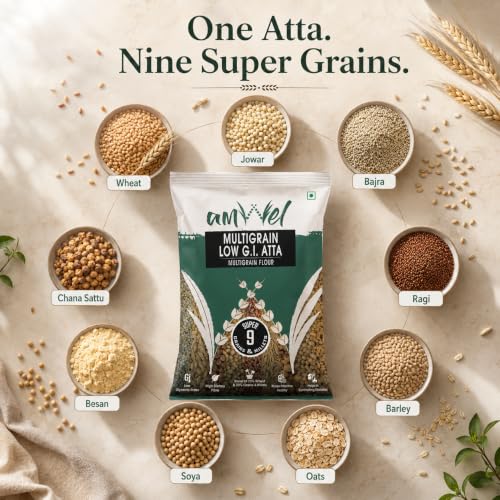 Image of Amwel Multigrain Low GI Atta 5kg | Blend of 9 Grains & Millets | High Fiber, Protein Rich Wheat Flour | Low Glycemic Index Atta for Diabetic Friendly Diet | Healthy Everyday Chapati Flour