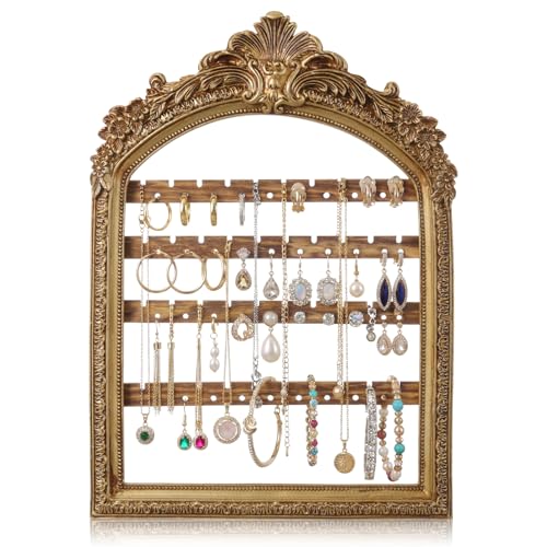Fiwochic 1 Pcs 10 x 6.9 Wall Hanging Earring Holder Organizers Vintage Arched Frame 4 Layer Wall Mounted Jewelry Holder Decorative Retro Baroque Stud Earring Display (Gold)