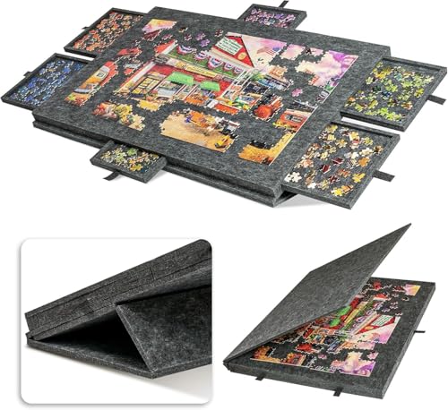 Tilting Jigsaw Puzzle Board Foldable Puzzle Board with 2-in-1 Stand & Cover Lightweight Puzzle Boards with 6 Drawers Portable Felt Jigsaw Table Puzzle Storage for Up to 1000 Pieces (Dark Grey)