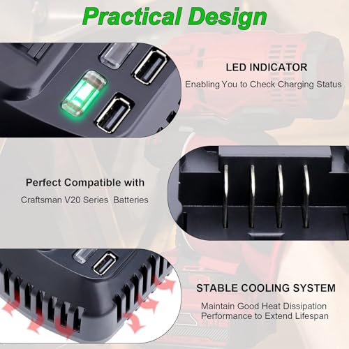 Image of V20 Battery Fast Charger CMCB104 Replacement for Craftsman V20 20V max Lithium Battery Charger for CMCB201 CMCB202 CMCB204 CMCB205 CMCB206, with 2 USB Ports