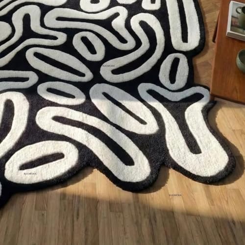 Image of Hand Tufted Wool Rug 6x8 Ft - Modern Irregular Shape Aesthetic Carpet, 1 Inch Thick Pile, Anti-Skid Backing, Soft Handmade Woolen Area Rug for Living Room, Bedroom, Hall Decor