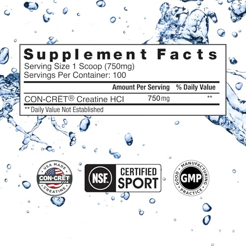con-cret creatine hcl powder  muscle cognitive cellular energy support  no bloating or cramps  usa made amp nsf certified  unflavored 100 serving