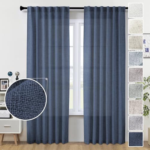 MEETBILY Navy Blue Linen Curtains 96 Inches Long 2 Panel Set Midnight Blue Light Filtering Privacy Semi Sheer Curtain Panels Modern Farmhouse Window Drapes for Living Room Bedroom Indigo 8FT