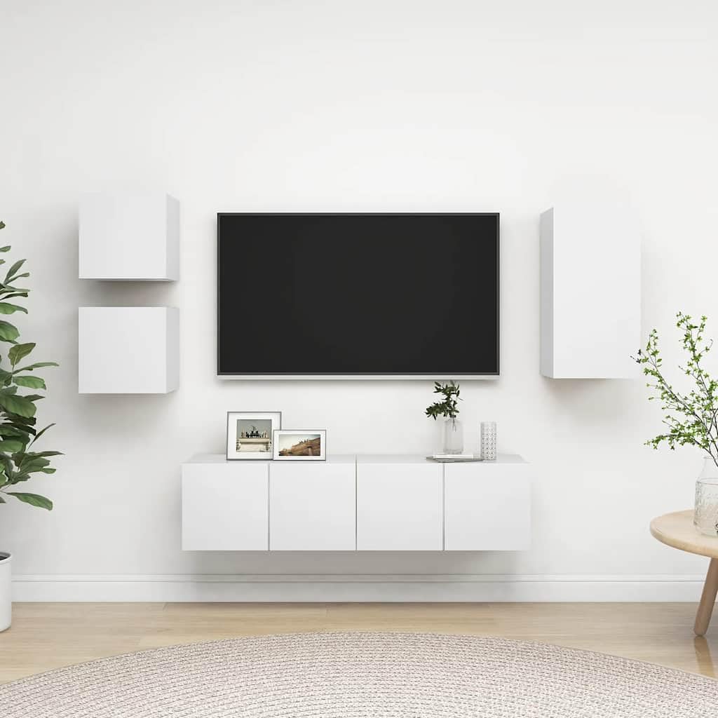 5-TLG. TV-Schrank-Set, Weiß Holzwerkstoff, Hängend, Modernes Media-Center für Wohnzimmer, Schlafzimmer, Viel Stauraum