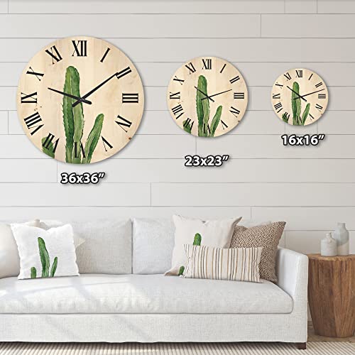 Designq 'Green Cactus South Western Plant' Tropical Wood Wall Clock Large Decorative Floral & Botanical Wall Clock Oversized Wood Clocks For Living Room Décor #TOP4