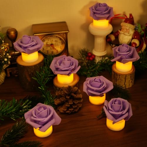 Image of SupBri 12 Pack LED Tea Lights Candles with Artificial Rose Petals, Romantic Flameless Battery Operated Candles for Valentines Wedding Proposals Christmas Decor (Purple)