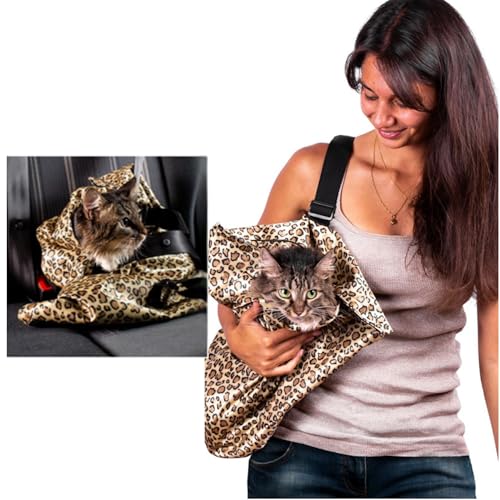 PurrFect Pouch The Original AS SEEN ON TV. The Comfy Cat Carrier Sling & Grooming Sack in One (Set of 2) Washable and Folds (Leopard)