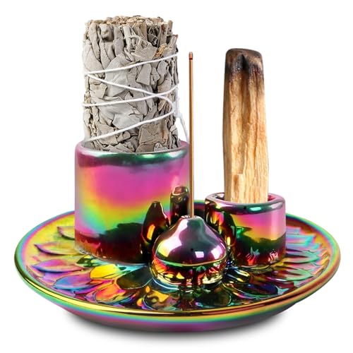 Soporte para incienso 4 en 1, cuenco para cada incienso, soporte de palo santo, soporte para incienso de cerámica, soporte para varillas de incienso, salvia blanca para ahumar (multicolor)