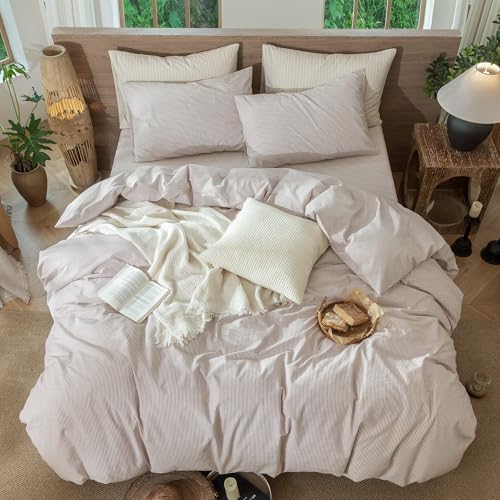 Image of MooMee Striped Duvet Cover Set 100% Washed Cotton Linen Like King | Relaxed Linen-like Texture. Soft, Breathable & Long-lasting Comfort. Lightweight. Hidden Zipper with 8 Interior Corner Ties