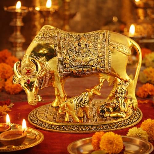 Image of Sheela Handcrafted Brass Golden Kamdhenu Cow with Calf, Vastu Gau MATA Idol, Spiritual Vastu Nandi Pooja Figurine Sculpture, Kamdhenu Cow & Calf Idol for Home and Office