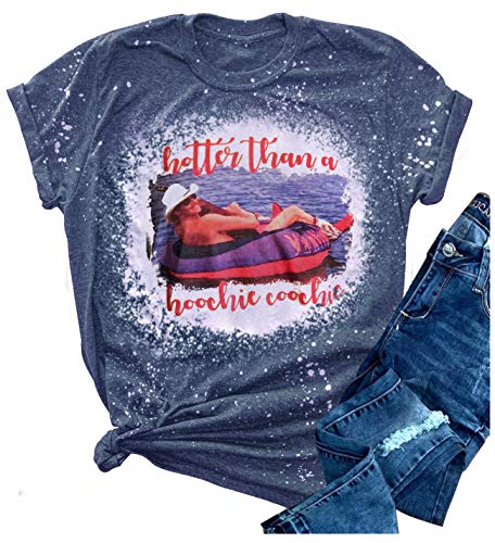 Hotter Than a Hoochie Coochie Shirt Country Music Funny T-Shirt Tops for Women Vintage Graphic Short Sleeve Tees (L, Blue)