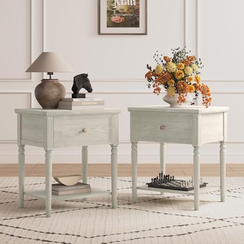 Image of Chogori Solid Wood Nightstands Set of 2 with Drawer, Farmhouse End Table Sofa Side Table with Storage Shelves, Real Wood Beside Table Accent Table for Small Spaces, Living Room, Easy Assembly (Gray)