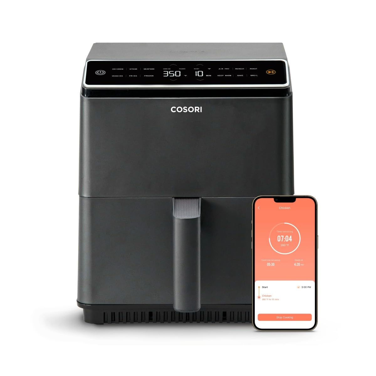 Cosori Dual Blaze CAF-P585S Luftfritteuse, Air Fryer, WLAN, 6,4 l, 11-in-1, Fritteuse ohne Öl, über 90 Rezepte in der App erstellt von Chef auf Spanisch, Dunkelgrau, mit doppelter Widerstandsfähigkeit
