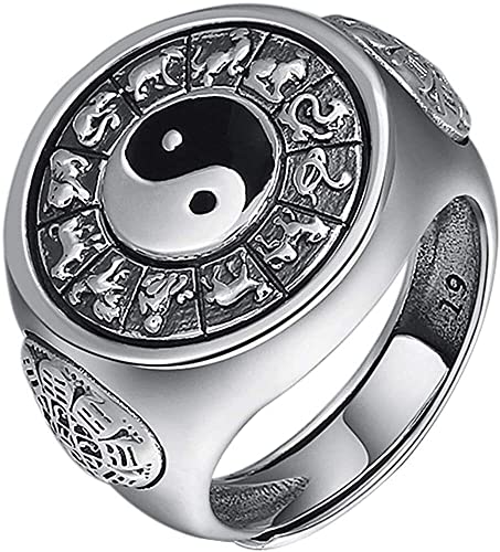 Larghezza: 20 mm; NW: 15,2 G ELEGAM Anello Yin Yang Spinner, Argento Sterling Smaltato Vintage, Simbolo Cinese Yin Yang, 12 Segni Zodiacali Cinesi, Uomo Donna, Aperto e Regolabile