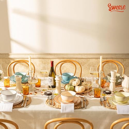 Image of Sweese Plates and Bowls Sets, 18 Piece Dinnerware Set Porcelain Round Dinner Set for 6, Scratch Resistant Dishes Set, Dishwasher and Oven Microwave Safe Handpainted Swirl Dishware Sets, Assorted Green