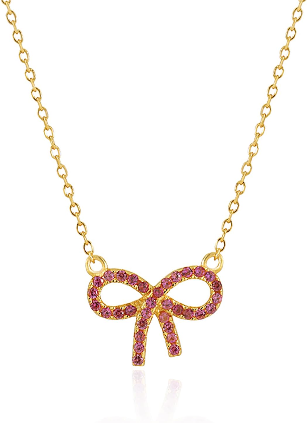 Cute Pink Bow Necklaces for Women 925 Sterling Silver Dainty Cubic Zirconia Necklace 14K Gold Plated Pendant Choker Necklace Valentine's Day Mothers Day Gifts