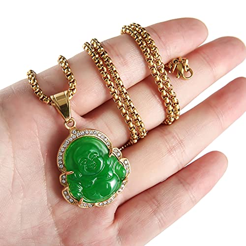 P.BLAKE Laughing Buddha Buddah Necklaces For Women Men, Ice Out Buddha Pendant For Men Women with Stainless Steel Gold Chain 24 inches