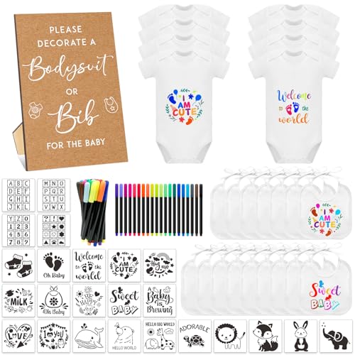 69 Pcs Baby Bib Bodysuit Baby Shower Set Baby Shower Game Sign Baby Feeder Bib Newborn Bodysuit Fabric Marker
